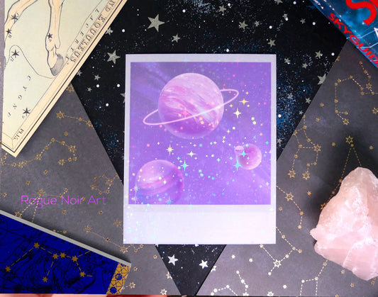 Holographic Polaroid Art Print: Pastel Planets