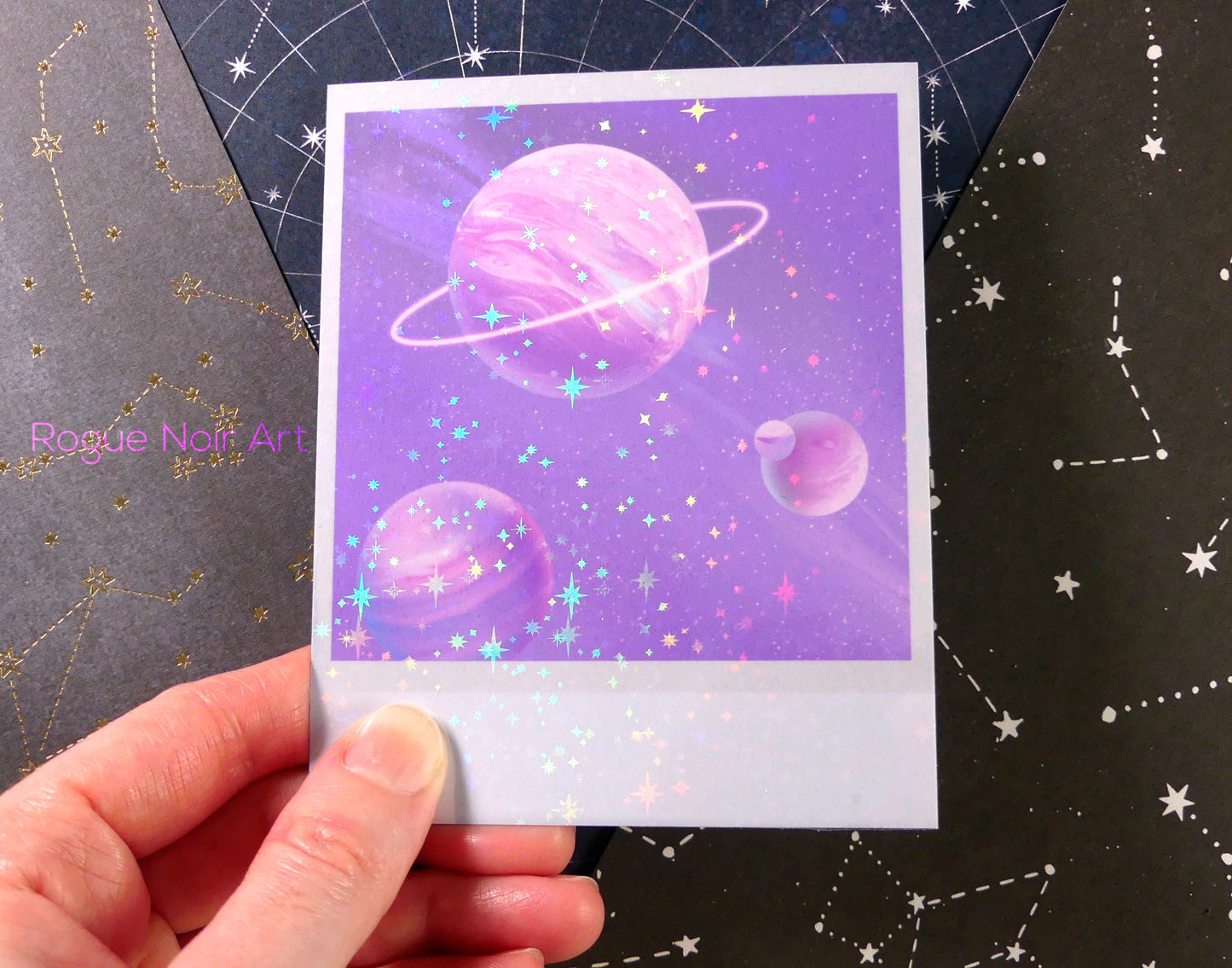 Holographic Polaroid Art Print: Pastel Planets