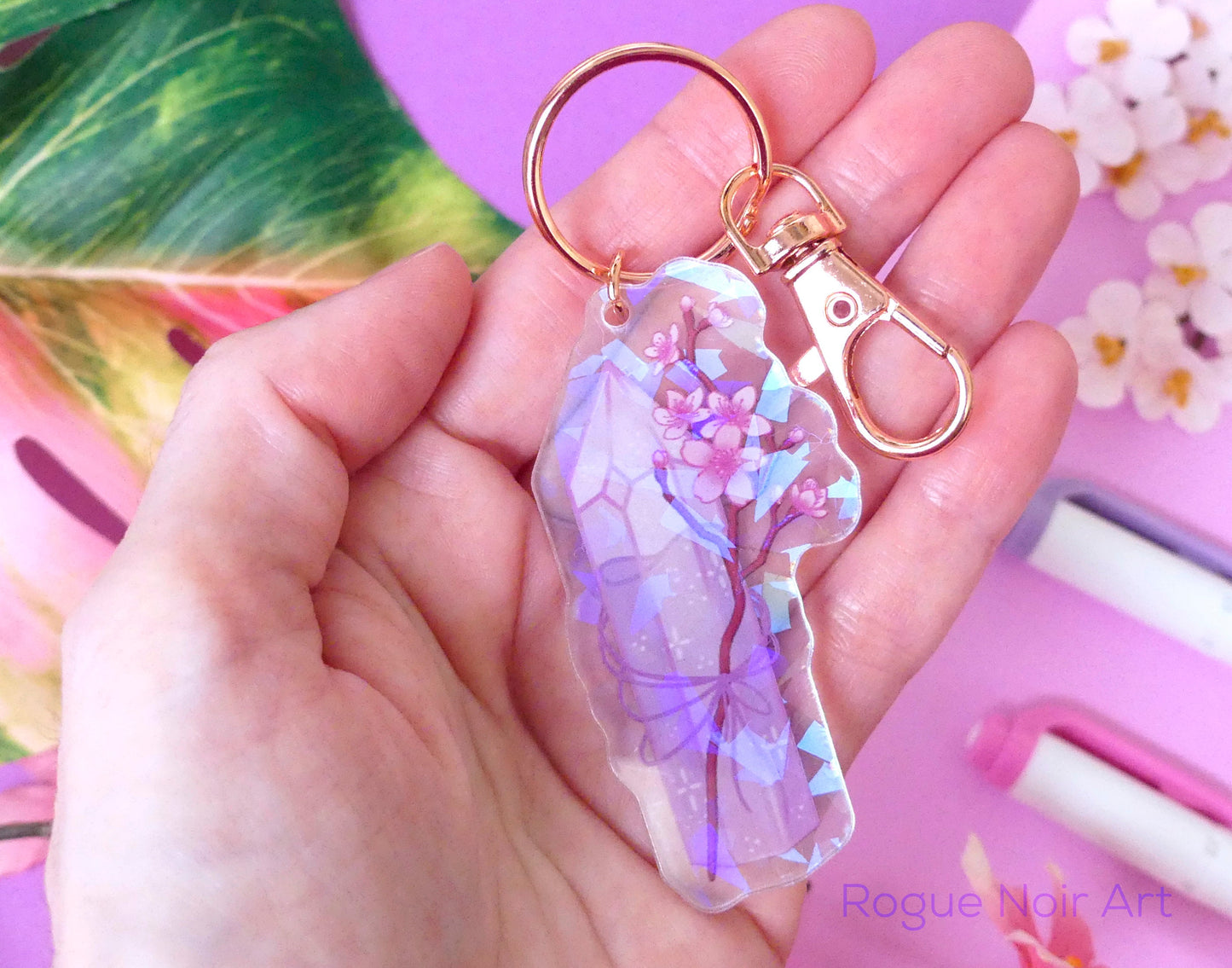Cherry Blossom Keychain - Holographic Acrylic Keychain - Cute Bag Charm - Dreamy Aesthetic Gift - Sakura Keychain - Acrylic Charm