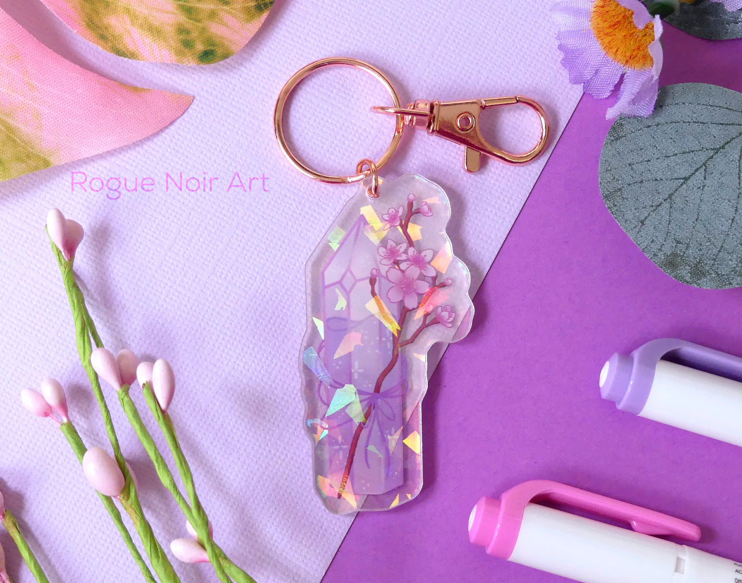 Cherry Blossom Keychain - Holographic Acrylic Keychain - Cute Bag Charm - Dreamy Aesthetic Gift - Sakura Keychain - Acrylic Charm