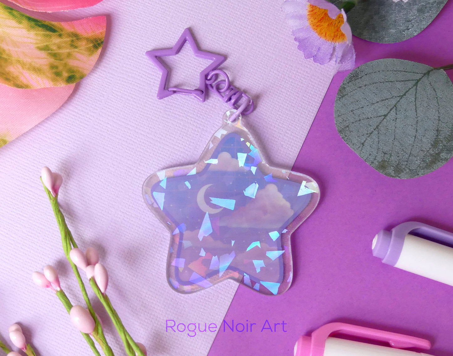 Holographic Acrylic Keychain - Starry Clouds Charm - Dreamy Aesthetic Gift - Celestial Vibes - Acrylic Charm