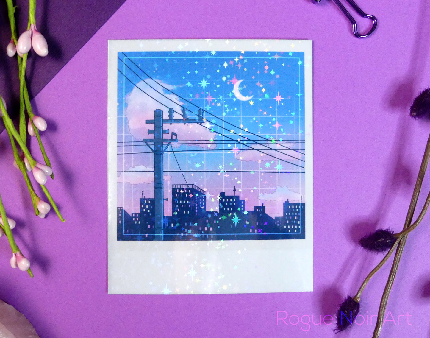 Holographic Polaroid Art Print: Lofi City | Aesthetic Mini Art Print