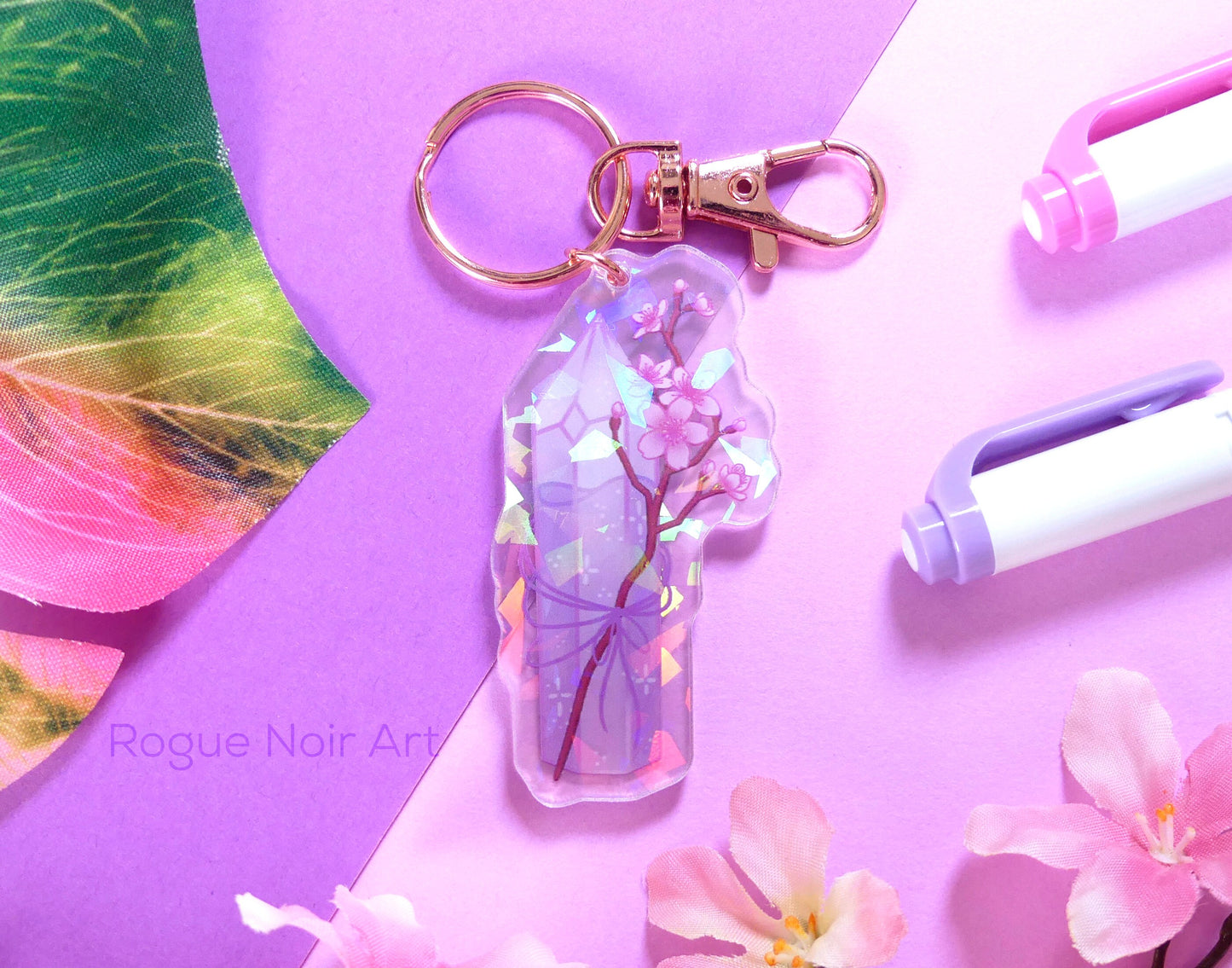 Cherry Blossom Keychain - Holographic Acrylic Keychain - Cute Bag Charm - Dreamy Aesthetic Gift - Sakura Keychain - Acrylic Charm