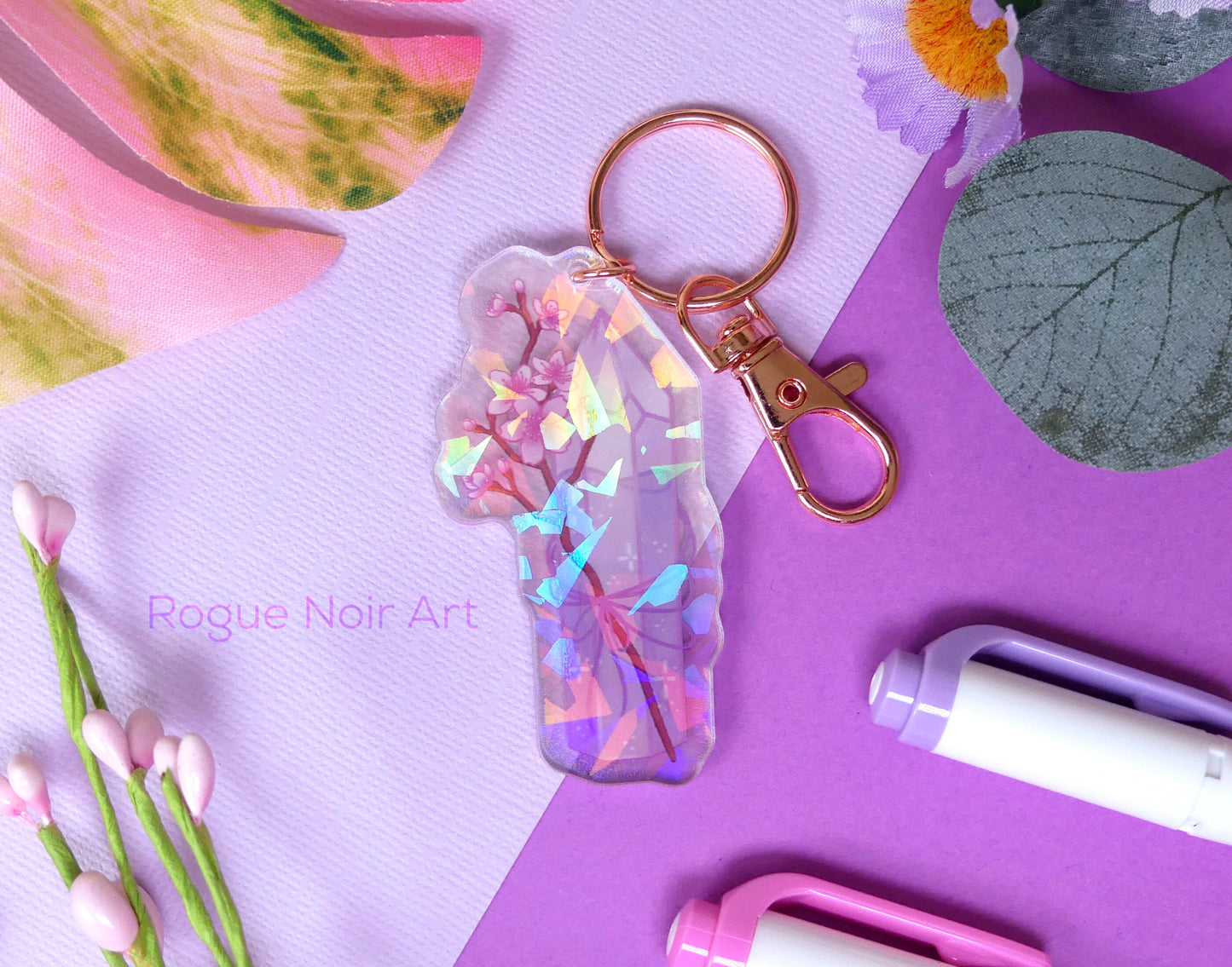 Cherry Blossom Keychain - Holographic Acrylic Keychain - Cute Bag Charm - Dreamy Aesthetic Gift - Sakura Keychain - Acrylic Charm