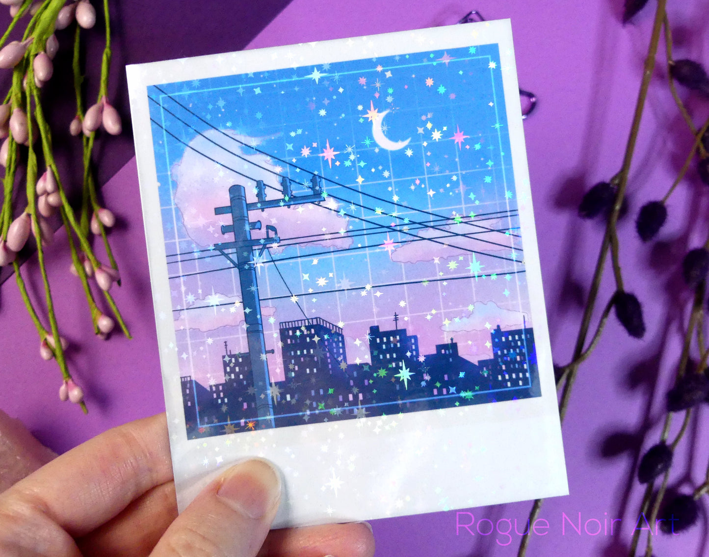 Holographic Polaroid Art Print: Lofi City | Aesthetic Mini Art Print
